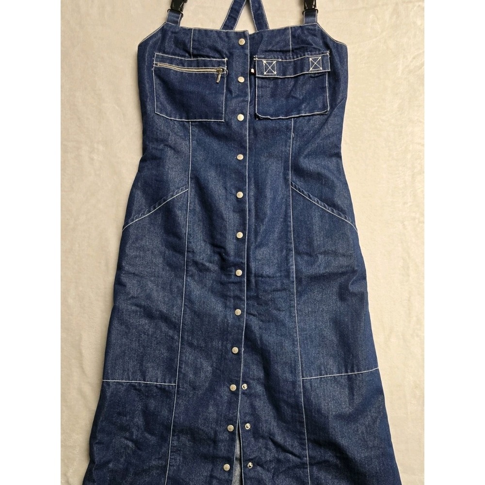 Y2k Tommy Hilfiger Denim Jean Button Up Dress Straps Size Medium Grunge Preppy